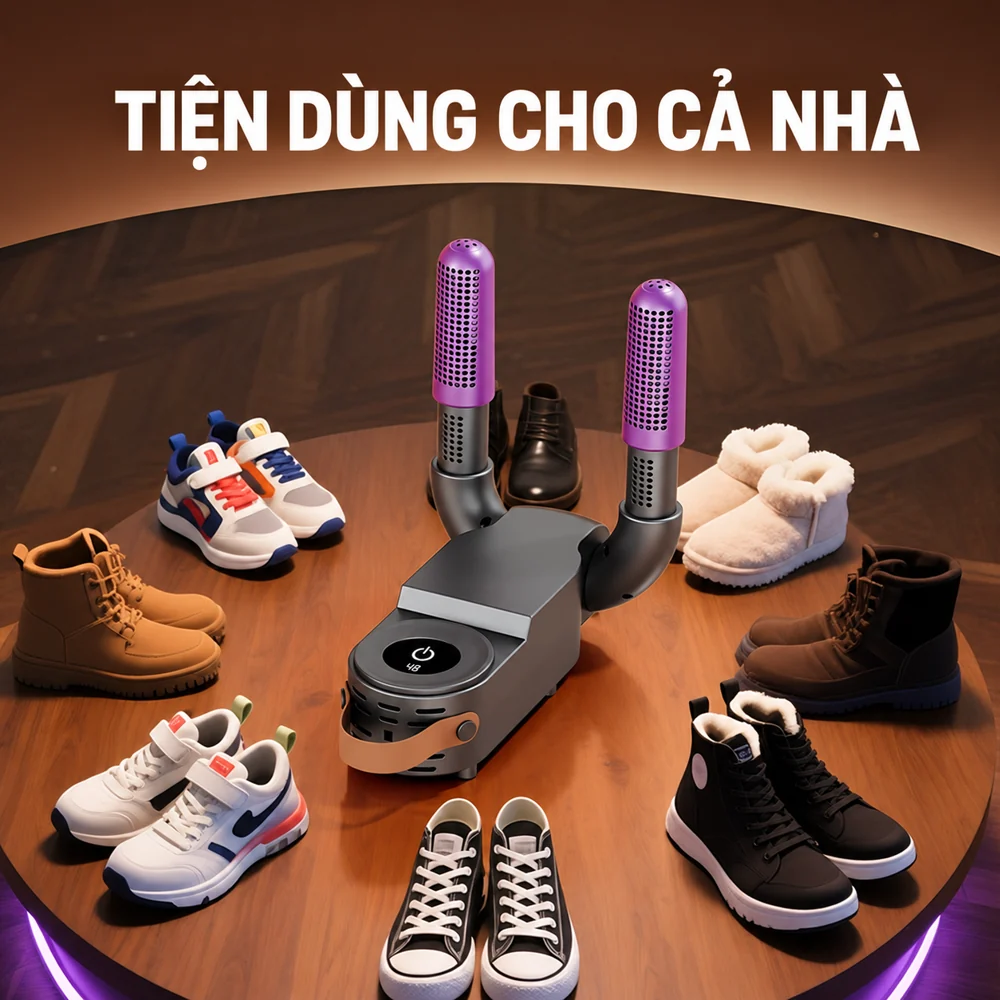 Máy sấy giày màu xám cùng nhiều loại giày trong gia đình